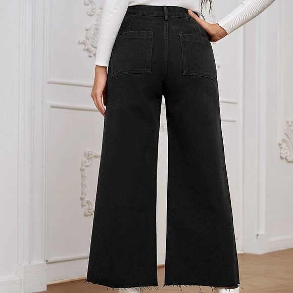 Black Casual Womens High Waist Wide Leg Jeans - Picture 4 of 5